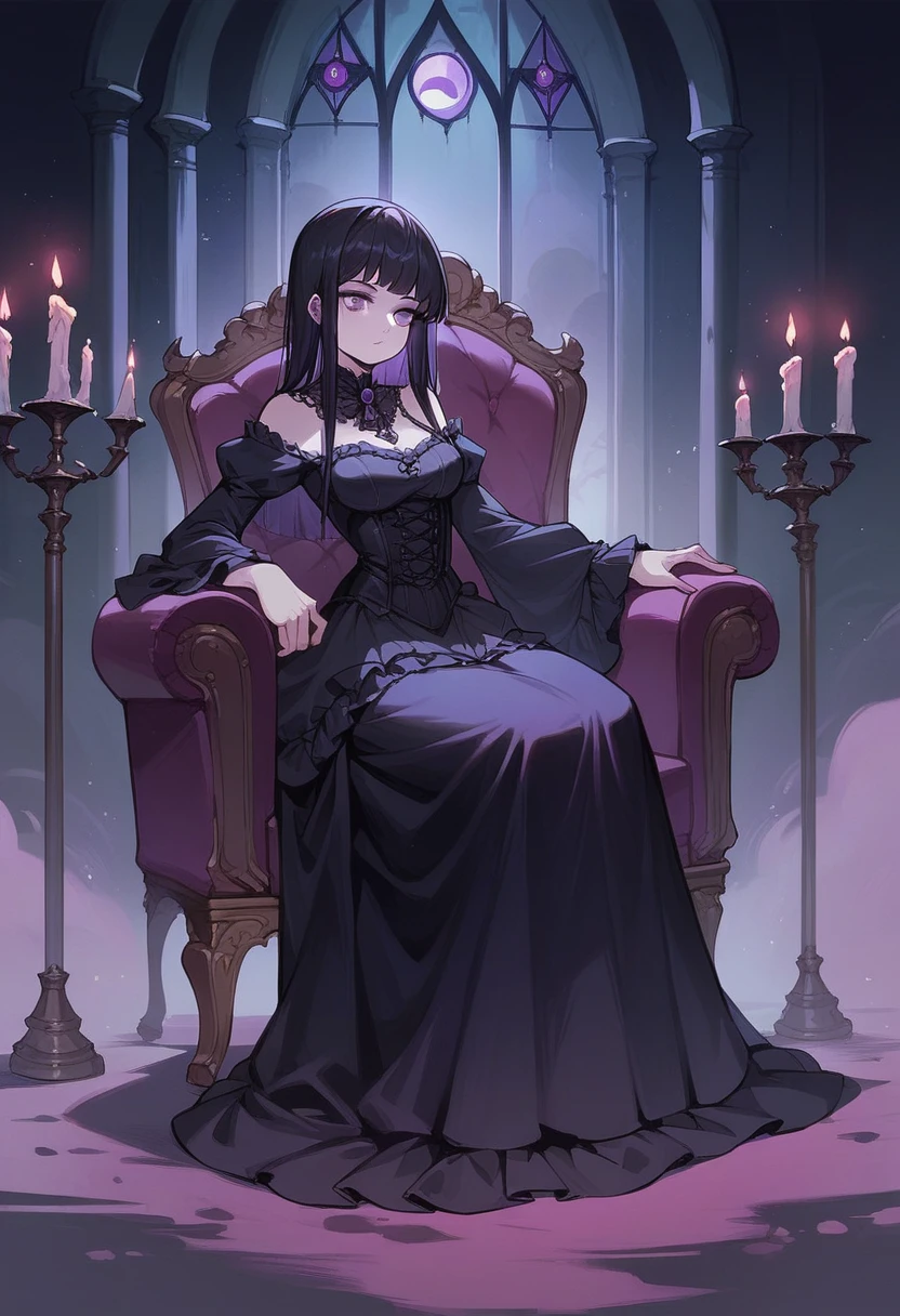 Girl sitting on a purple armchair in the gothic castle, black hair, purple eyes, gothic dress, candles, night, fog, dark
