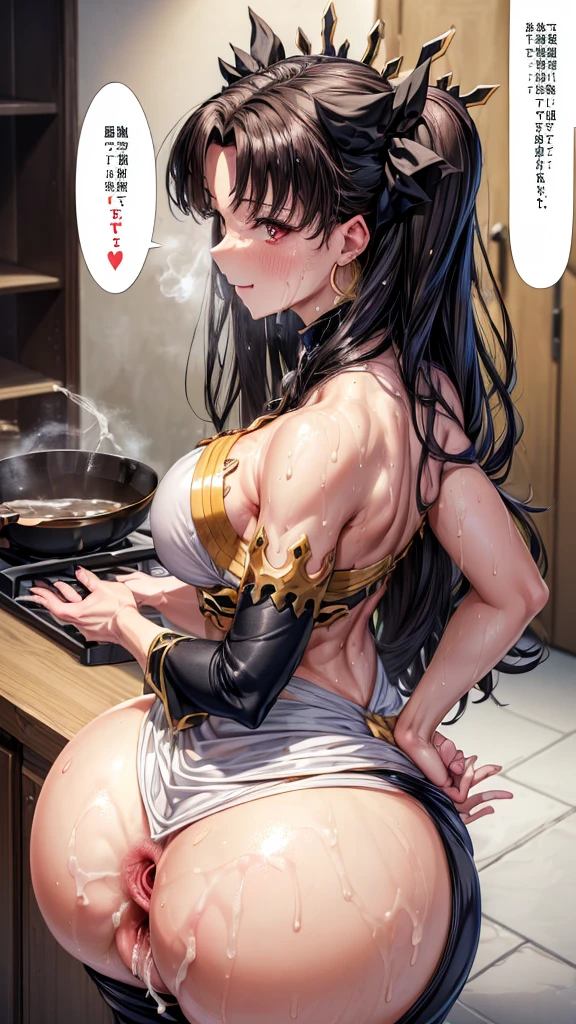(Mature Woman:1.5), (独奏:1.3), (Ishtar:1.2), Fate Grand Order, (absurderes, 8K, 4K, masutepiece, hyper extreme detailed:1.2), Best Quality, Perfect Anatomy,Perfect face,Facing forward,High humidity, (alone:1.2), (Sweaty:1.3), shortness of breath, High humidity, humid, (Black Hair:1.1), Red eyes, Looking into the camera, Light clothing, apron, (kitchen;1.1), (Having a conversation:1.5), (Speech bubble:1.2), A kind smile, relief, peace of mind, maternal, Cooking, have a ladle, pot, pot-au-feu, (very big ass:1.25), (cum ass:1.4), (Gaping a very large anus:1.6), (The inside of the anus is visible:1.5)