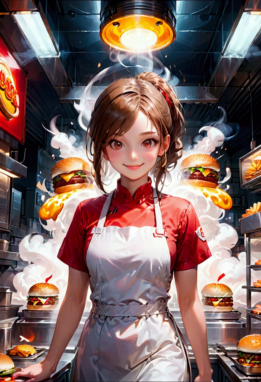 1girl, Fast Food Worker, A fast food worker, working at a busy burger restaurant, wearing a red and white uniform, smiling and serving customers, detailed facial features, 8k, dynamic lighting, warm color tones, highly detailed, seamless, volumetric, cinematic composition, clean design, industrial kitchen setting, stainless steel appliances, neon signage, reflective surfaces, steam and smoke effects, immersive atmosphere, dynamic camera angle, cinematic framing, masterpiece, best quality, very aesthetic, absurdres