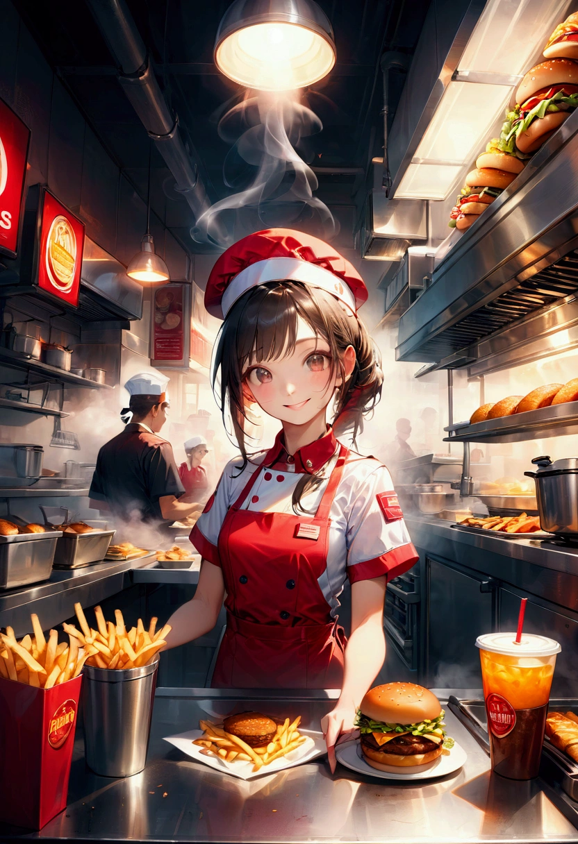 1girl, Fast Food Worker, A fast food worker, working at a busy burger restaurant, wearing a red and white uniform, smiling and serving customers, detailed facial features, 8k, dynamic lighting, warm color tones, highly detailed, seamless, volumetric, cinematic composition, clean design, industrial kitchen setting, stainless steel appliances, neon signage, reflective surfaces, steam and smoke effects, immersive atmosphere, dynamic camera angle, cinematic framing, masterpiece, best quality, very aesthetic, absurdres