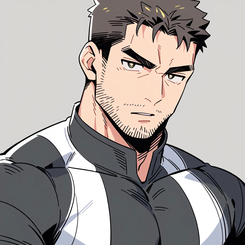 anime characters:Chris Redfield, Muscle Sports Student, Buzz Cut, Manliness, male focus, Dark black Yellow high collar long sleeve tight T-shirt, Very tight, full and perky chest muscles, muscular male, muscular, only, Upper body, alone, Black short hair, Thick eyebrows, stubble, Brown-red pupils, Grey background, simple background, amazing quality, best aesthetics, Ridiculous, parted lips, v-shaped eyebrows, jitome, best quality