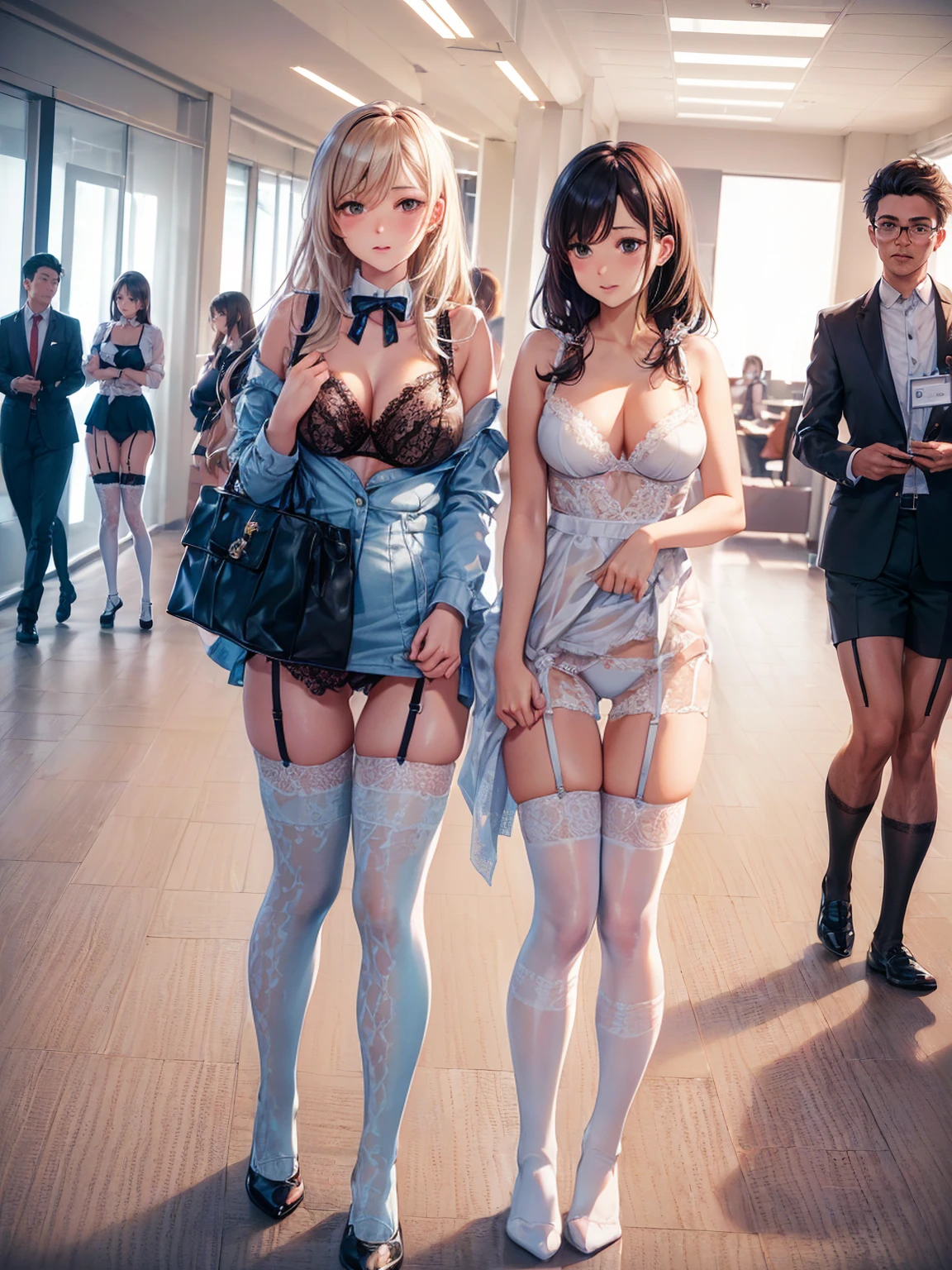 ((一人のIn underwearの女性はセクシーにOffice corridorを歩いている:1.4), Beautiful Anime Women, Beautiful art style, Anime characters, ((Smooth texture, Realistic texture, Anime CG Style)), ((Highest quality)), (Very detailed), (Very detailed CG 統合 8k 壁紙), Very detailed, High-resolution RAW color photos, Professional photography, Brown Hair, Stylish hairstyle, Great face and eyes, Beautiful and big breasts, Slender body, (Stunningly beautiful woman), (Detailed face:1.2), (Office corridor, (Many business people walking down the corridor:1.2), There is a window in the hallway:1.3), ((Bow tie around neck:1.3), (Black high heels:1.1), (Employee ID card worn around the neck:1.5), (Sexy and cute light blue underwear:1.3), (Stylish shiny light blue satin panties, Side-tie panties, The panties are plain light blue in the center with lace decoration on the sides.:1.3), (Thin panties:1.3), (Light blue micro lace satin bra, Light blue bra with lace trim, Thin bra:1.3), (lace garter belt, Garter Strings, Knee socks:1.3):1.3), naked, In underwear, In underwearのオフィスレディ, Exact number of arms, Exact number of legs, Perfect Anatomy, (Embarrassed expression, Surprised expression), Angle from the front, Exact finger count、Exact number of legs、(Exact number of arms:1.0, Exact number of hands:1.0), (Perfect hands, Perfect Anatomy)