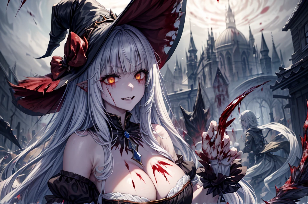 ,Multiple Girls,Frolicking Girl,Multiple women,tea ,Crazy Smile,Look up,Face shot,Scythe Face,Girl Monster, slave,beautiful, Detailed portrait, Delicate facial features, Sharp Eye, Sharp Fangs, Pale skin, Thick chain, Dark Background, Cinema Lighting, Dramatic Shadows, Gothic style, Gloomy atmosphere, Dark fantasy, One Girl, , Please open your mouth wide, Open your mouth and baring your teeth,Sharp teeth like a beast, Wide lips, very wide mouth, Vermilion cheeks, ,(Blood splatter:1.6),Scary face, Laughter Witch design, Twisted smile、Bloodstained、bleeding from the head,,、Blood splatter、,(Blood splatter:1.6),Crossbones, skull, , Horror Style, ((Fantasy Witch Costume)), ((Flowing white hair)), ,(Blood splatter:1.6),Female curves, Large Breasts, Thick thighs, Sexy flat stomach, Perfect hands, Perfect anime face, ((dark ta dress)), Are standing, ((Wicked Smile)), ,(Blood splatter:1.6),Victorian cities, gaslight, Steam circulates, Moonlight Illumination, night lighting, A sky filled with stars and galaxies,disaster々new devil horns,,(Blood splatter:1.6),アニメゾンビWitch design, Twisted smile、Bloodstained、bleeding from the head,,、Blood splatter、,(Blood splatter:1.6),Crossbones, skull,