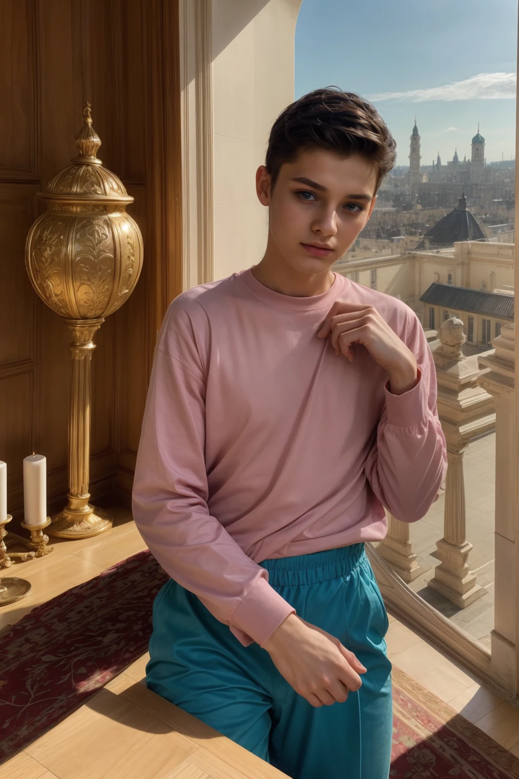 A cute male twink with a make-up face and black hair, wearing a long-sleeved pink shirt and aqua blue pants. He is in the royal palace and appears from the top of the window.