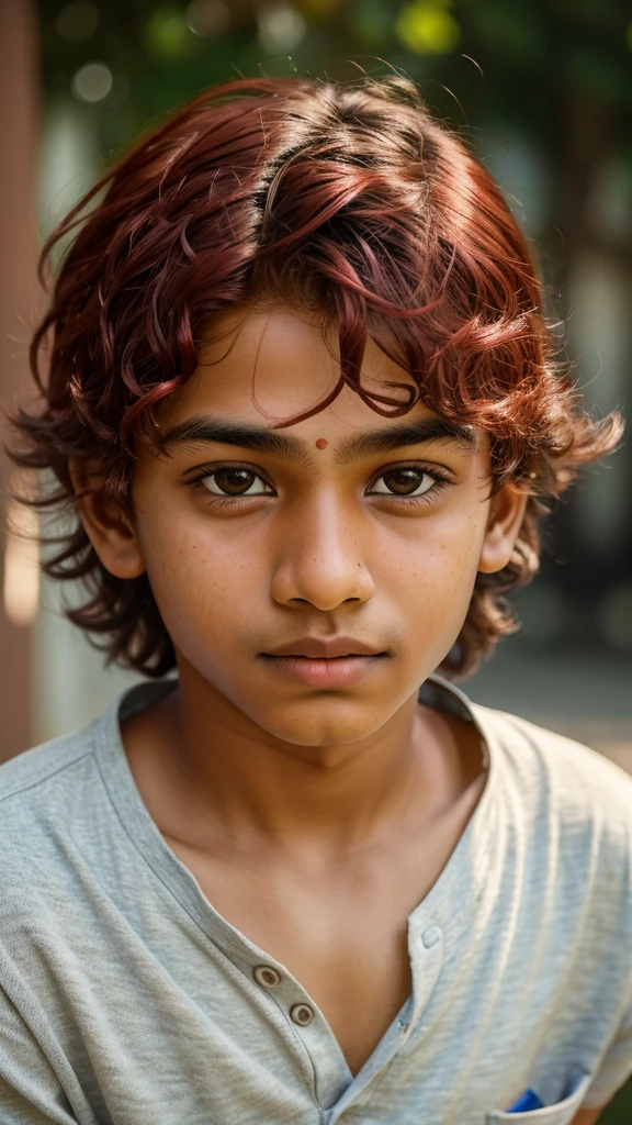 A photorealistic portrait of a 13-year-old Indian boy with white curly red hair, dressed in casual attire, close-up shot, 8k hdr, highly detailed, capturing a sense of curiosity and innocence, illuminated by warm afternoon sunlight in a bustling city setting.
