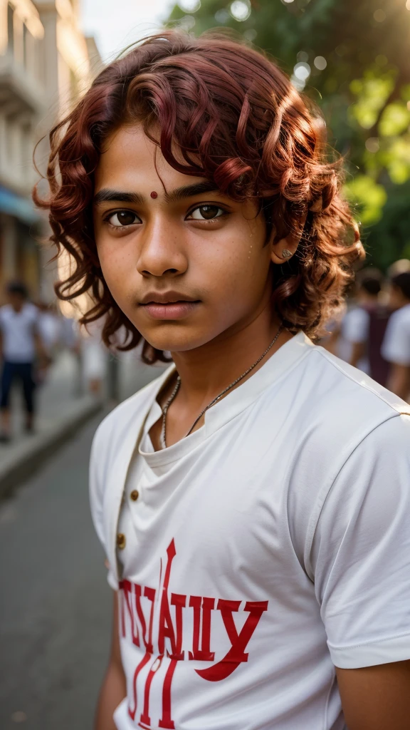 A photorealistic portrait of a 13-year-old Indian boy with white curly red hair, dressed in casual attire, close-up shot, 8k hdr, highly detailed, capturing a sense of curiosity and innocence, illuminated by warm afternoon sunlight in a bustling city setting.