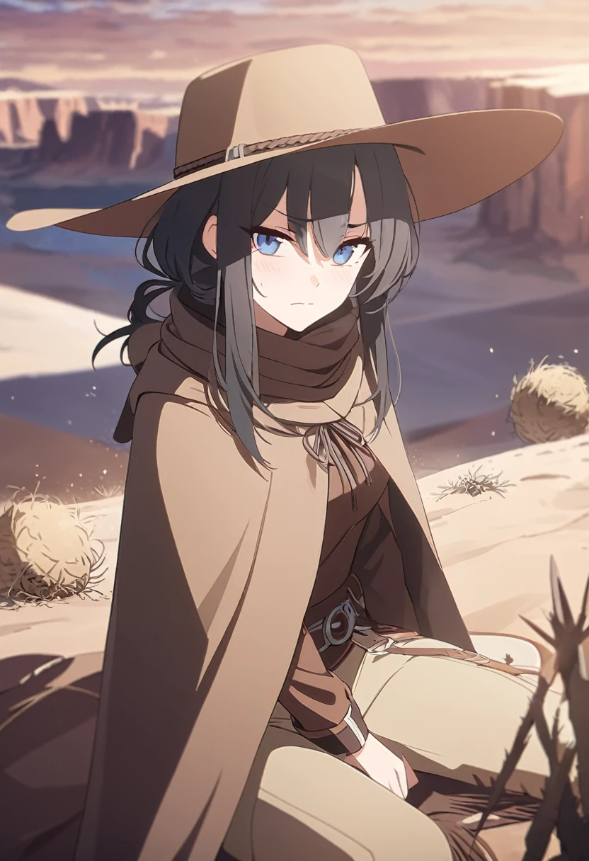 masterpiece,best quality,depth of field,8K,looking at the viewer,dark gray hair,blue eyes,light brown chaps,dark brown poncho,갈색 Ten gallon hat,brown leather jumper,chic,wseifuku,male,sky,frowning,badlands,western frontier,tumbleweed rolling around,sitting,male,(charismatic eyes 1:1)
