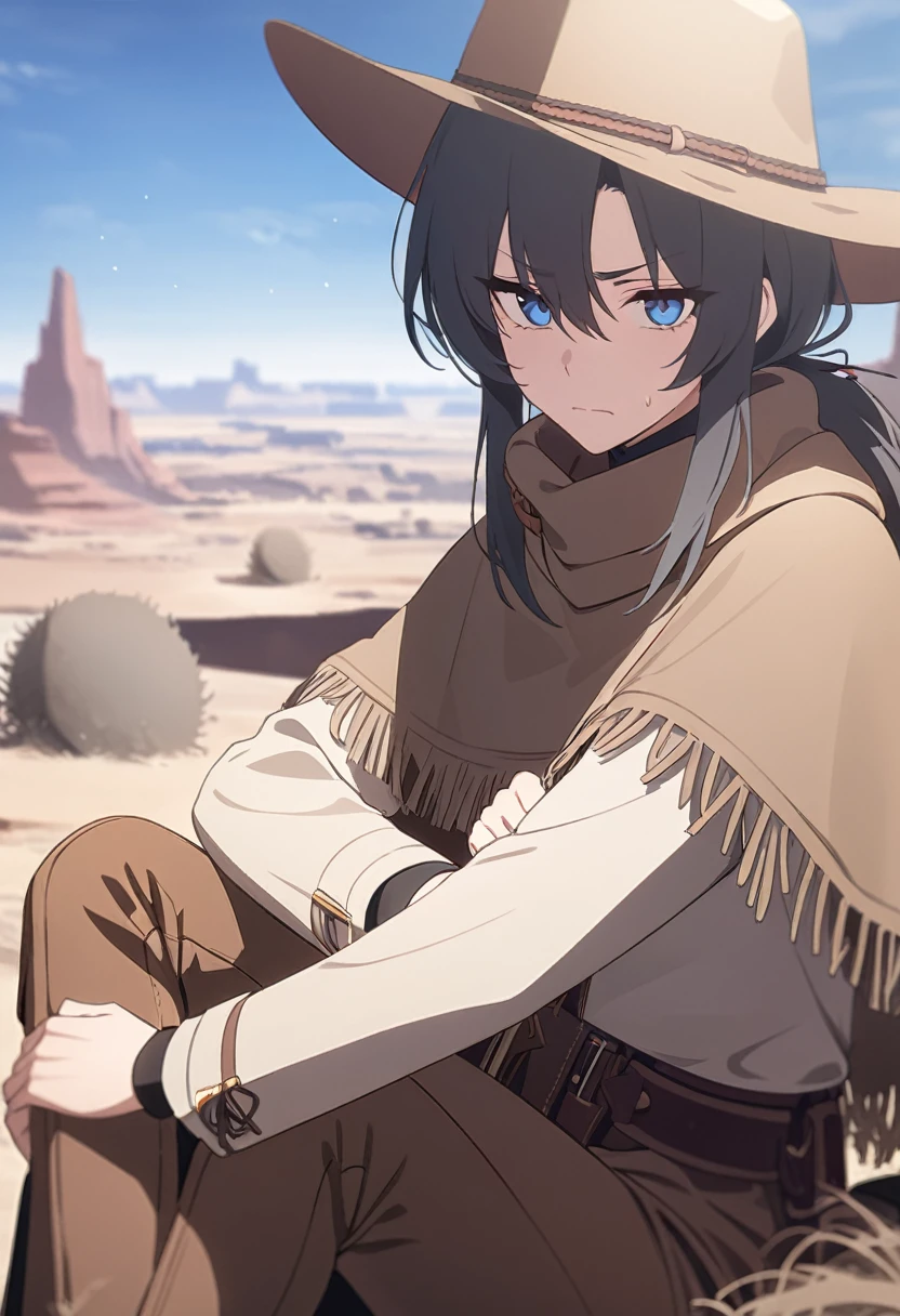 masterpiece,best quality,depth of field,8K,looking at the viewer,dark gray hair,blue eyes,light brown chaps,dark brown poncho,갈색 Ten gallon hat,brown leather jumper,chic,wseifuku,male,sky,frowning,badlands,western frontier,tumbleweed rolling around,sitting,male,(charismatic eyes 1:1)