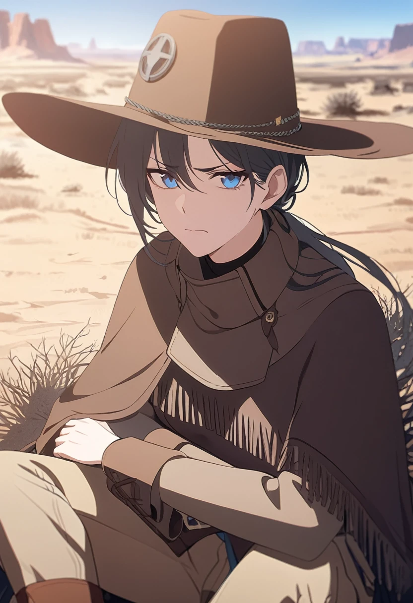 masterpiece,best quality,depth of field,8K,looking at the viewer,dark gray hair,blue eyes,light brown chaps,dark brown poncho,갈색 Ten gallon hat,brown leather jumper,chic,wseifuku,male,sky,frowning,badlands,western frontier,tumbleweed rolling around,sitting,male,(charismatic eyes 1:1)