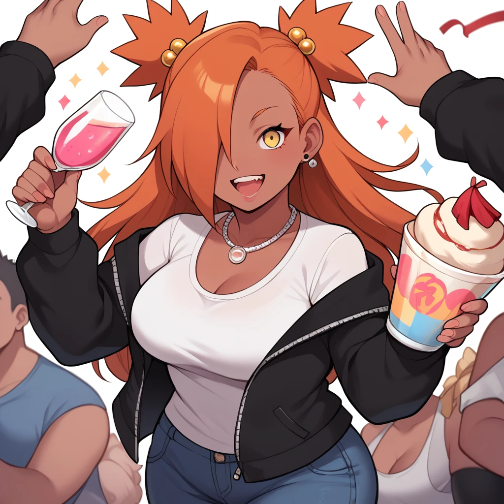 score_9, score_8_up, score_7_up, score_6_up, score_5_up, score_4_up, source_anime, rating_safe, BREAK chouchou akimichi,1girl,dark-skinned female,curvy,orange hair,hair over one eye,two side up,long hair,yellow eyes,hair bobbles,jewelry,earrings,black jacket,necklace,white turtleneck shirt,blue short jeans,black thighhighs,big breats,cleavage,party