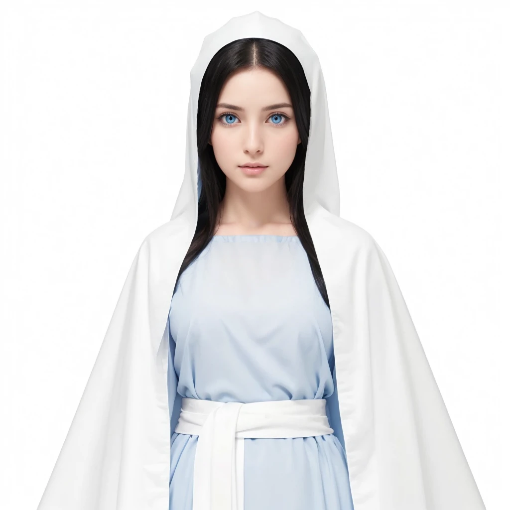 Holy Mary praying, clear blue eyes, Long black hair, wearing a blue tunic with wide, long sleeves adjusted at the waist by a white sash, and a white veil. Perfect full body