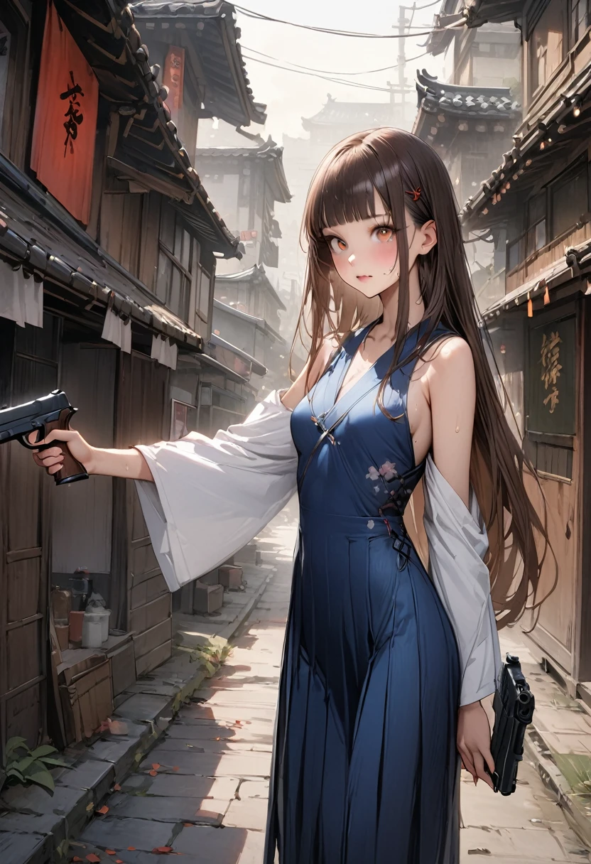 (((masterpiece,Highest quality:1.3,best quality illustration))),(realistic),cowboy shot,独奏,1woman,(18-year-old、Japanese Beauty)、brown hair,long hair,bangs,brown eyes,gorgeous eyes,((very small head:1.3)),((very long body:1.2,skinny)),medium breasts,     ,wearing:(((Red ribbon tie、White collared shirt、Long sleeve、Navy blue pleated neakers,    ,sweat,gleaming skin,toned body,slender body,(Shooting stance、Shoot a gun),Holding a handgun in your hand、Sneakers、Ruined town、at night、Tokyo、World of Blade Runner、Action Scenes、
