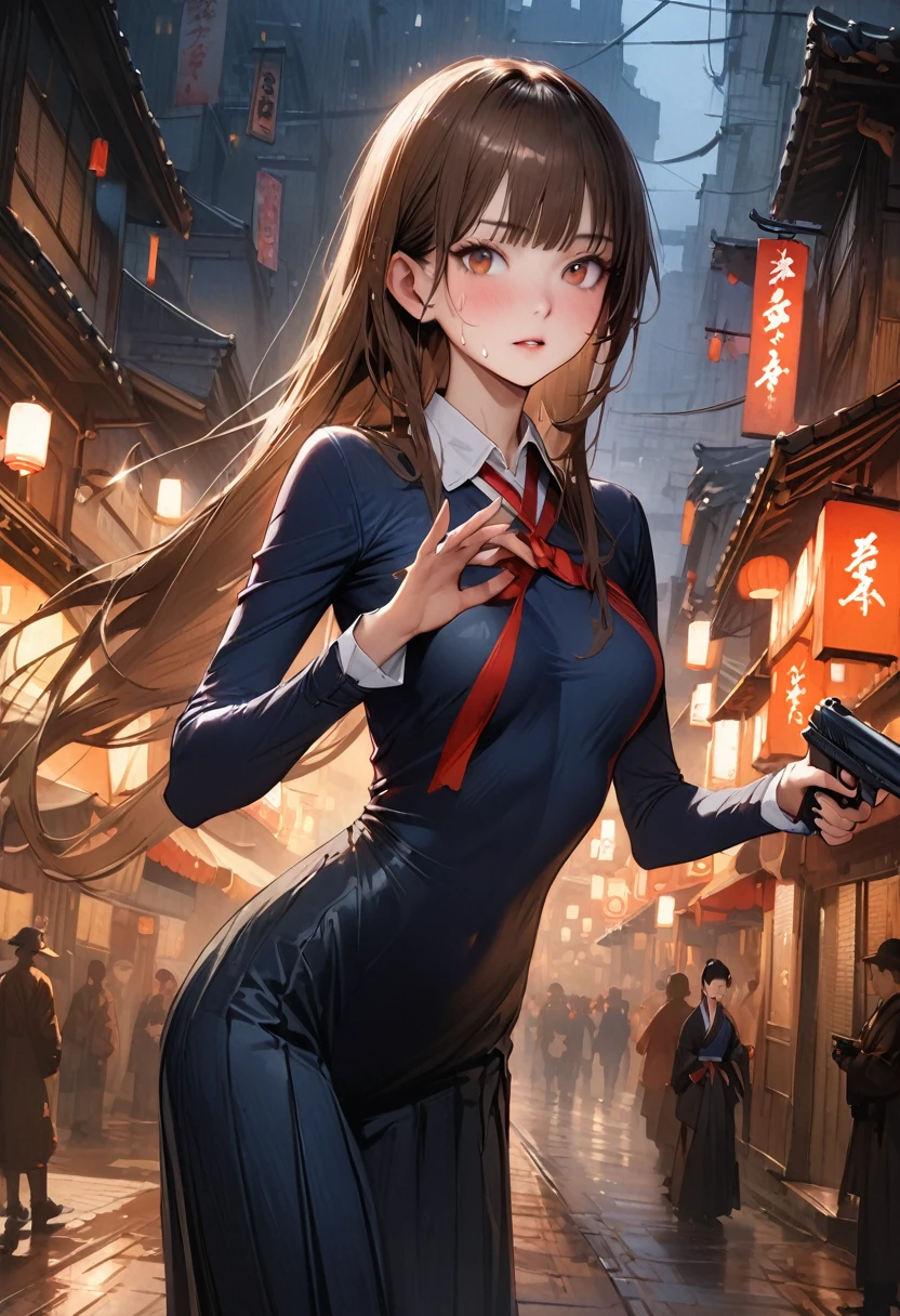 (((masterpiece,Highest quality:1.3,best quality illustration))),(realistic),cowboy shot,独奏,1woman,(18-year-old、Japanese Beauty)、brown hair,long hair,bangs,brown eyes,gorgeous eyes,((very small head:1.3)),((very long body:1.2,skinny)),medium breasts, ,wearing:(((Red ribbon tie、White collared shirt、Long sleeve、Navy blue pleated neakers, ,sweat,gleaming skin,toned body,slender body,(Shooting stance、Shoot a gun),Holding a handgun in your hand、Sneakers、Ruined town、at night、Tokyo、World of Blade Runner、Action Scenes、