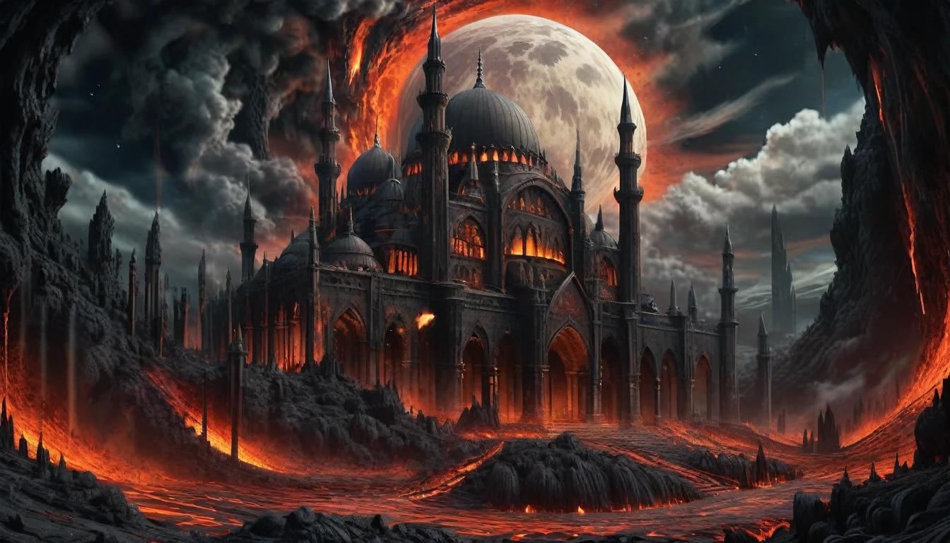 concept art of a gothic mosque ontop of a hill surrounded by lava, dark, fantasy, moon, (masterpiece, best quality, highly detailed, realistic), Explosion Artstyle