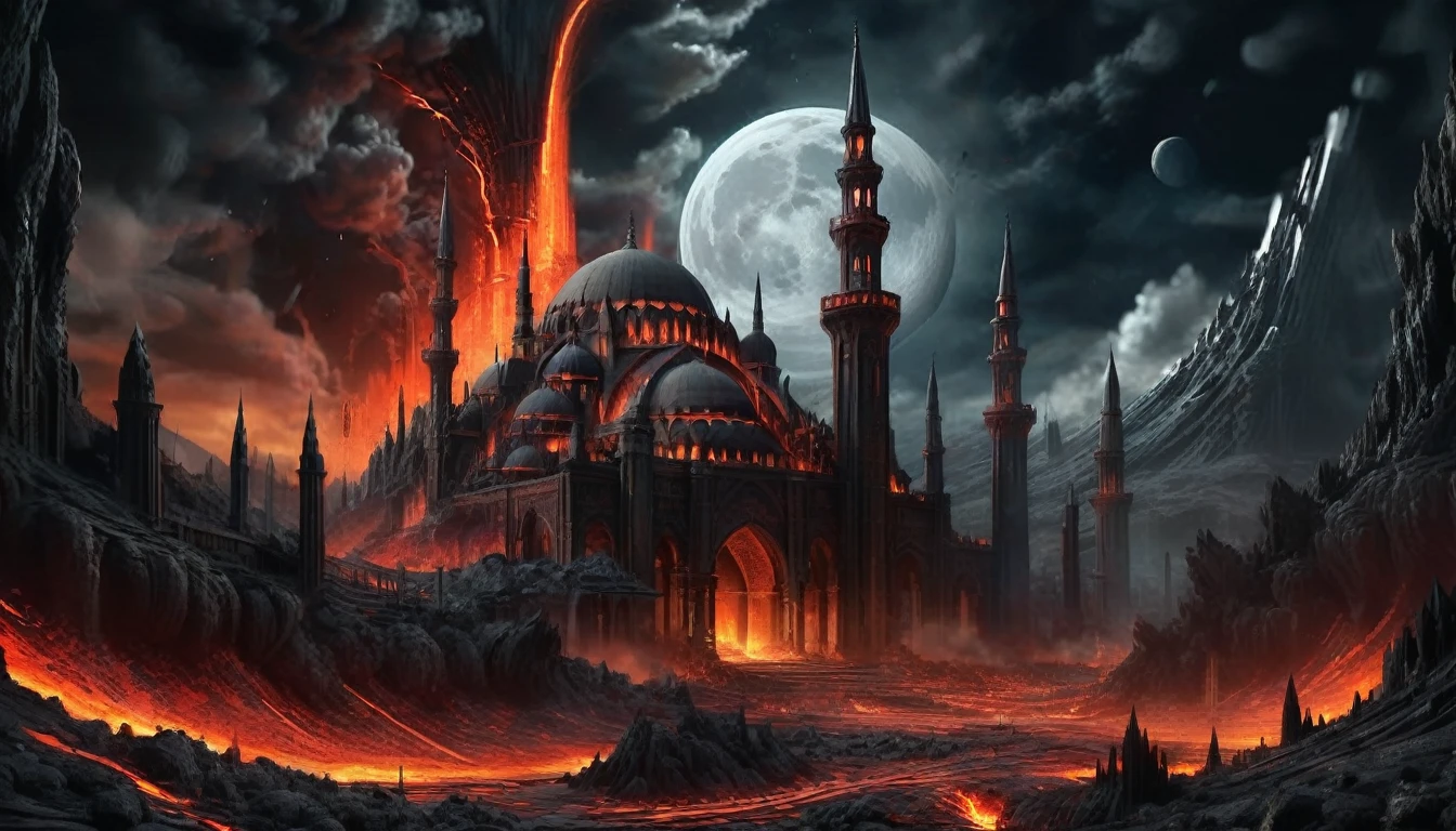 concept art of a gothic mosque ontop of a hill surrounded by lava, dark, fantasy, moon, (masterpiece, best quality, highly detailed, realistic), Explosion Artstyle