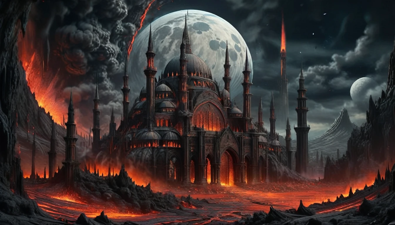 concept art of a gothic mosque ontop of a hill surrounded by lava, dark, fantasy, moon, (masterpiece, best quality, highly detailed, realistic), Explosion Artstyle