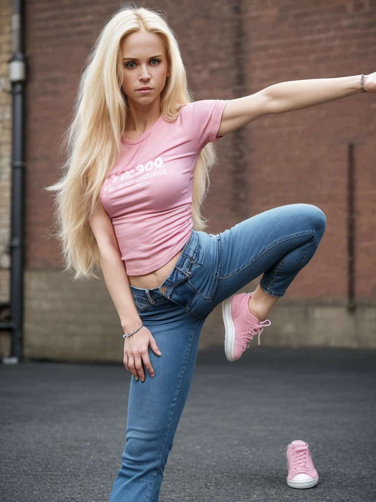 A full body of a 30-year-old blonde woman with long hair in a pink T-shirt, tight blue jeans, sneakers; black wrist communicator; photo-realistic; 4k; 100mm; martial arts; technique pose; city yard, masterpiece