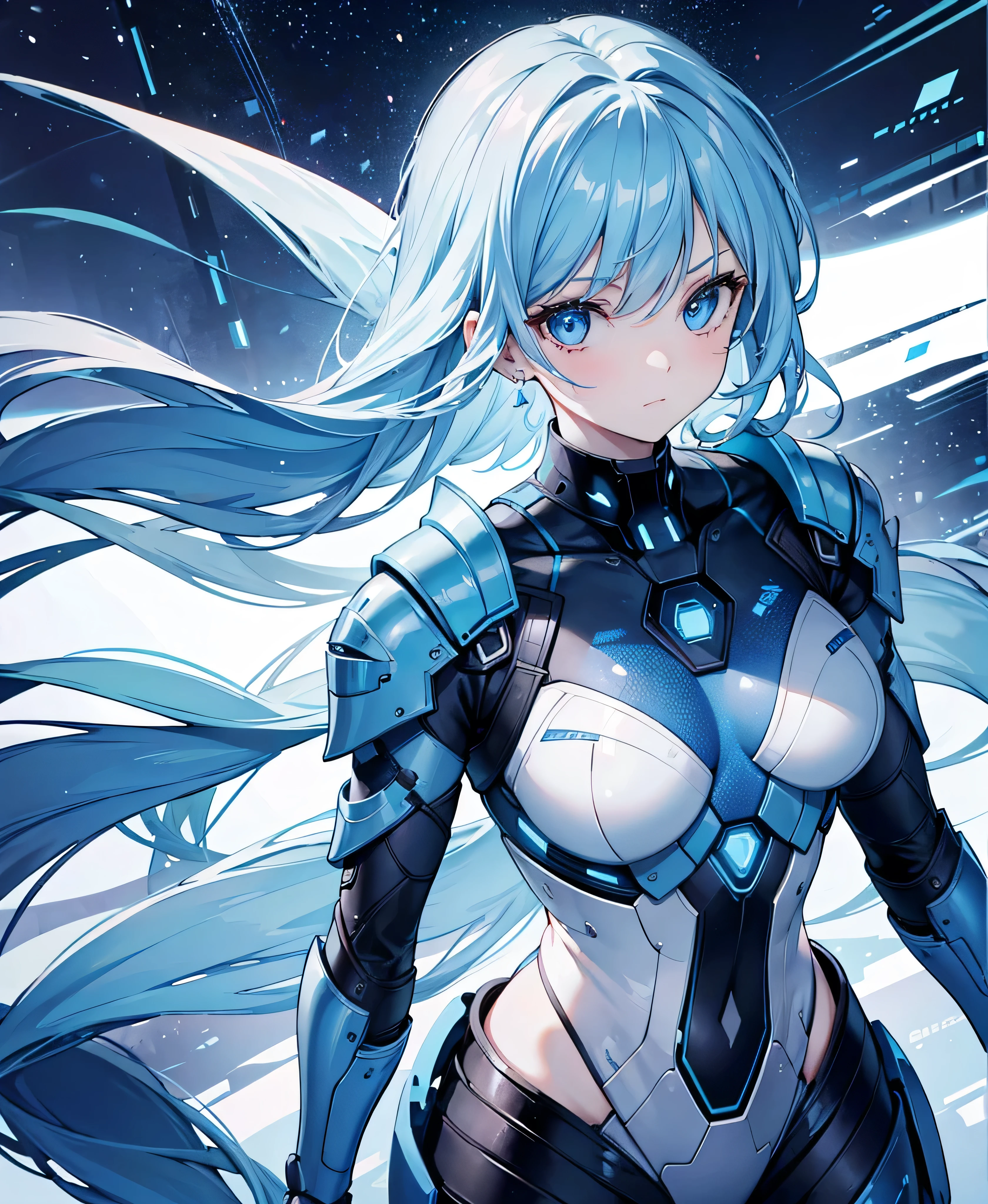 8K, Highest quality, (real:1.4), Original photo, 1 girl, Asari Hair, Biological Amplifier, refined armor, posture: Peace talks between warring factions, smart blue eyes,whole body