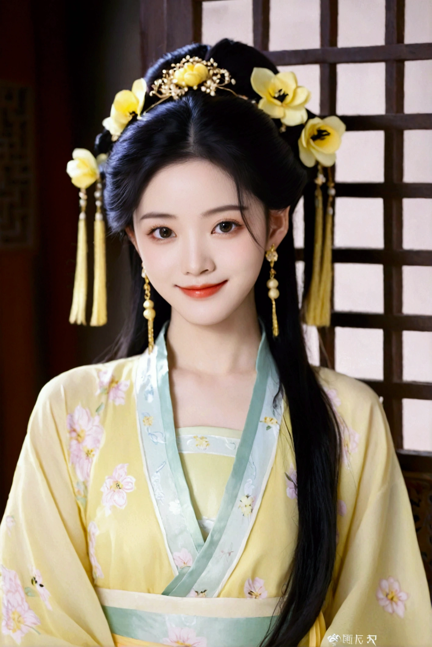 1girl, solo, long hair, looking at viewer, smile, black hair, hair ornament, jewelry, upper body, flower, earrings, hair flower, black eyes, chinese clothes, realistic, yellow dress, hanfu