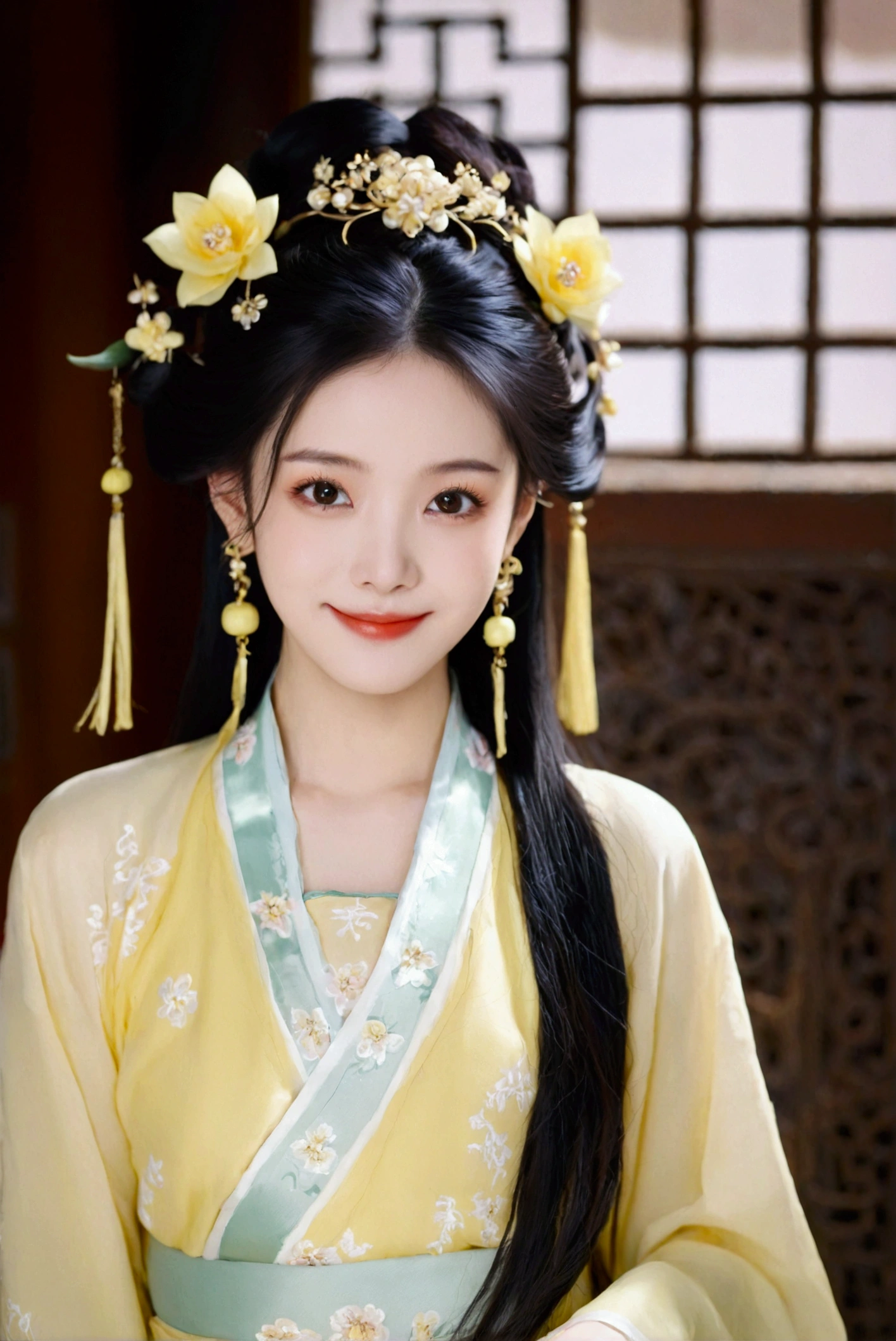 1girl, solo, long hair, looking at viewer, smile, black hair, hair ornament, jewelry, upper body, flower, earrings, hair flower, black eyes, chinese clothes, realistic, yellow dress, hanfu