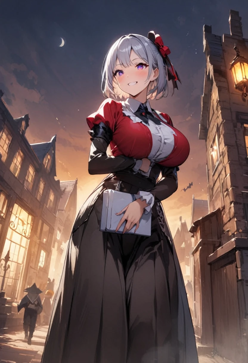 night、Halloween、Western-style building、Woman Frankenstein、Both eyes open、Girl、Girl、Short、Younger、Lower school year、Baby Face、Big Breasts、looks fun、smile、Dynamic Angle、masterpiece、best quality、ultra-detail、Clothing
