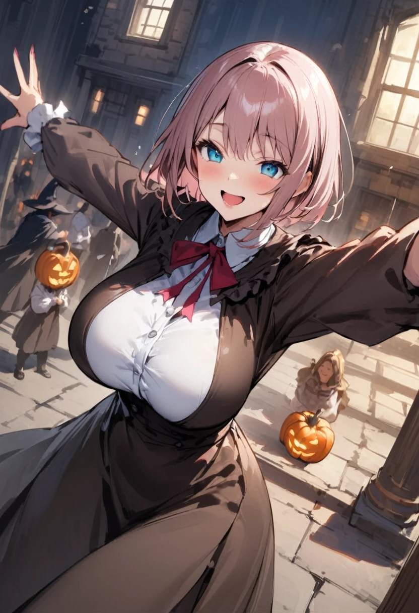 night、Halloween、Western-style building、Woman Frankenstein、Both eyes open、Girl、Girl、Short、Younger、Lower school year、Baby Face、Big Breasts、looks fun、smile、Dynamic Angle、masterpiece、best quality、ultra-detail、Clothing