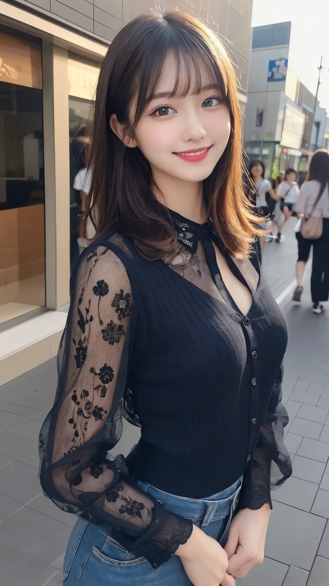 masterpiece, best quality, illustration, ultra-detailed, finely detailed, high resolution, 8K wallpaper, perfect dynamic composition, beautiful detailed eyes, summer blouse setup clothes, medium hair, small breasts, natural color lips, bold sexy poses, smile, Harajuku, 18 years old girl, cute, sexy shot, looking at camera