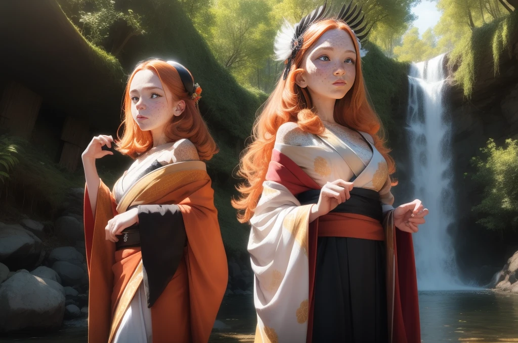 1girl positioned to the left, 18 years old princess, striking figure, long ginger hair, wavy hairs, fair skin, (((freckles))), ((kolito)), innocent and regal appearance, expressive eyes are filled with a mix of curiosity and determination, her slender frame, elegant grace, vibrant orange kimono with white and black decorations, ornate kimono, very long sleeves, feather headdress, in a forest, waterfall on the right