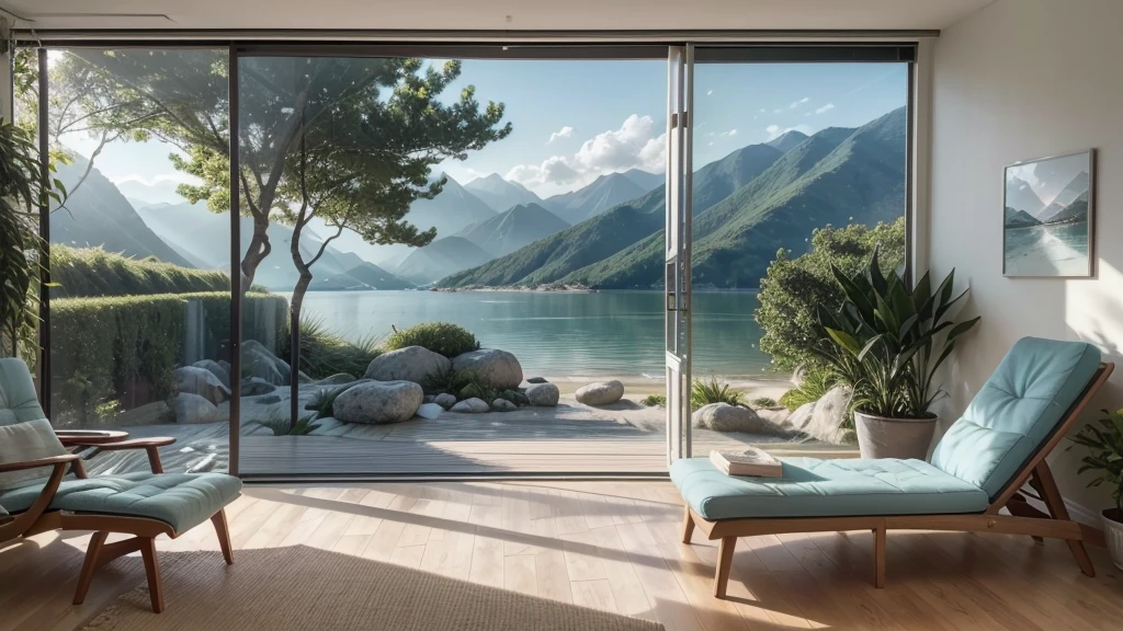 Imagine a visual scene that captures the essence of relaxing and inspiring environments, perfect for different contexts such as work, relaxation, motivation and physical activities. Include elements like natural landscapes (como florestas, beaches, mountainscape) or serene indoor spaces (calm rooms, minimalist environments). Colors should reflect calm and vitality, like shades of light blue, soft green, white and light gray.
