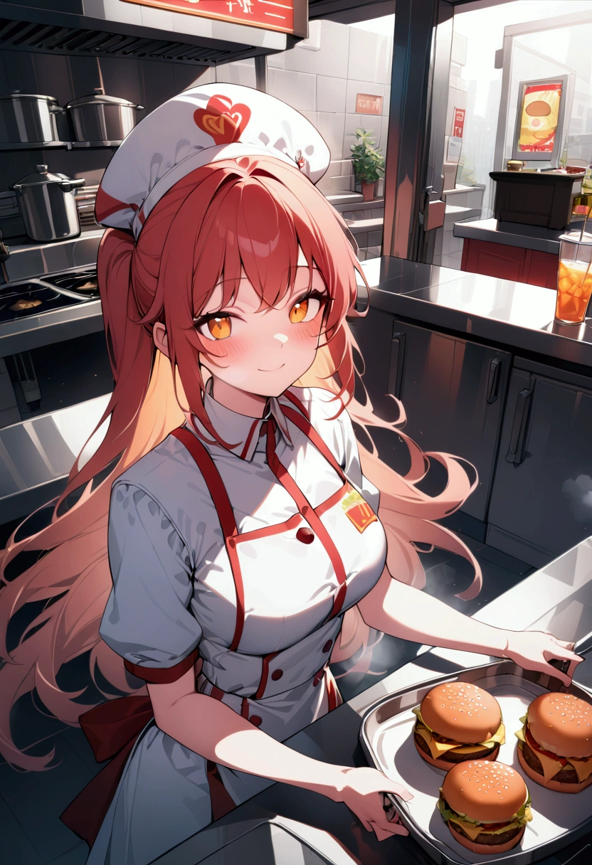 1girl, Fast Food Worker, A fast food worker, working at a busy burger restaurant, wearing a red and white uniform, smiling and serving customers, detailed facial features, 8k, dynamic lighting, warm color tones, highly detailed, seamless, volumetric, cinematic composition, clean design, industrial kitchen setting, stainless steel appliances, neon signage, reflective surfaces, steam and smoke effects, immersive atmosphere, dynamic camera angle, cinematic framing, masterpiece, best quality, very aesthetic, absurdres