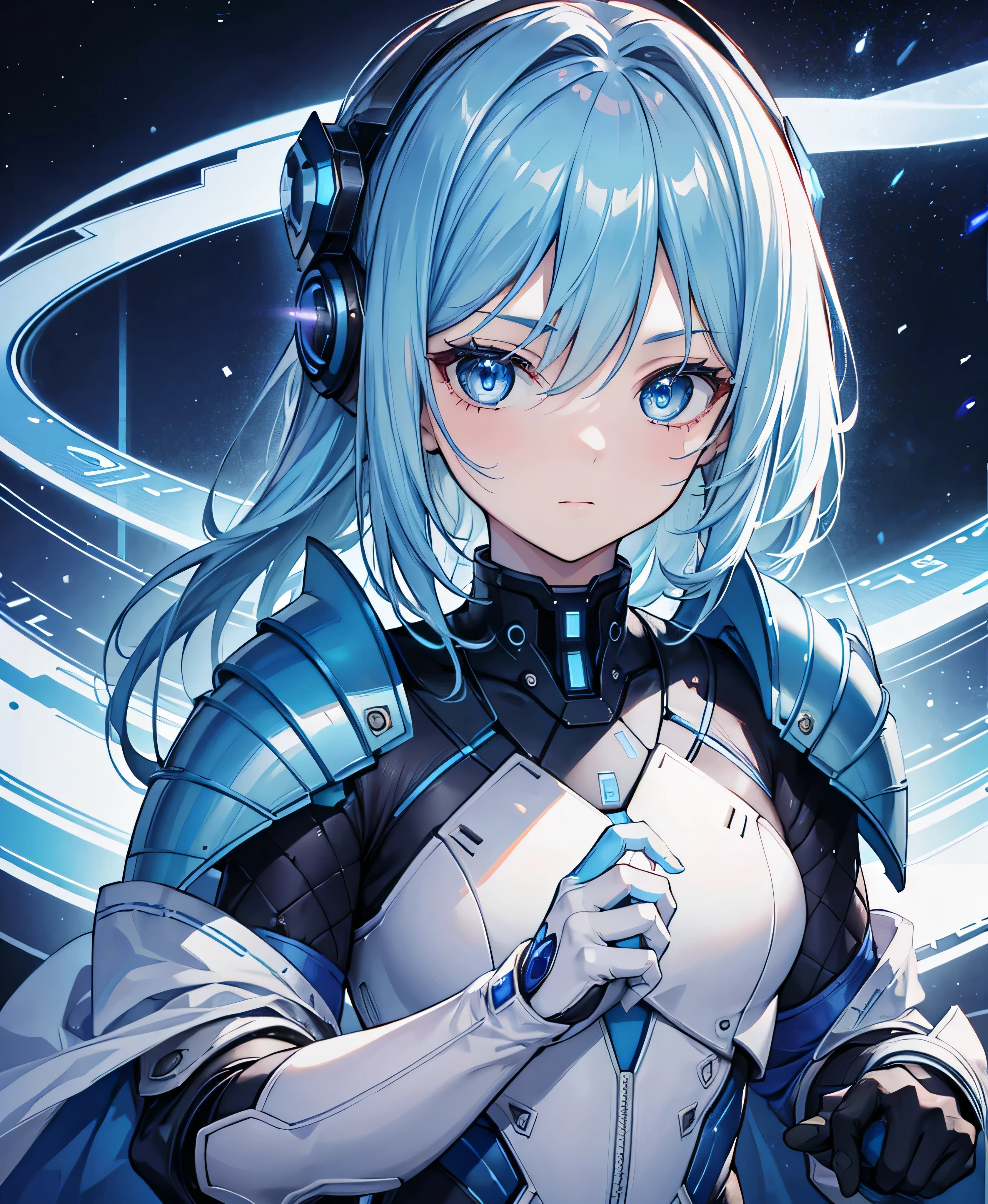 8K, Highest quality, (real:1.4), Original photo, 1 girl, Asari Hair, Biological Amplifier, refined armor, posture: Peace talks between warring factions, smart blue eyes,whole body