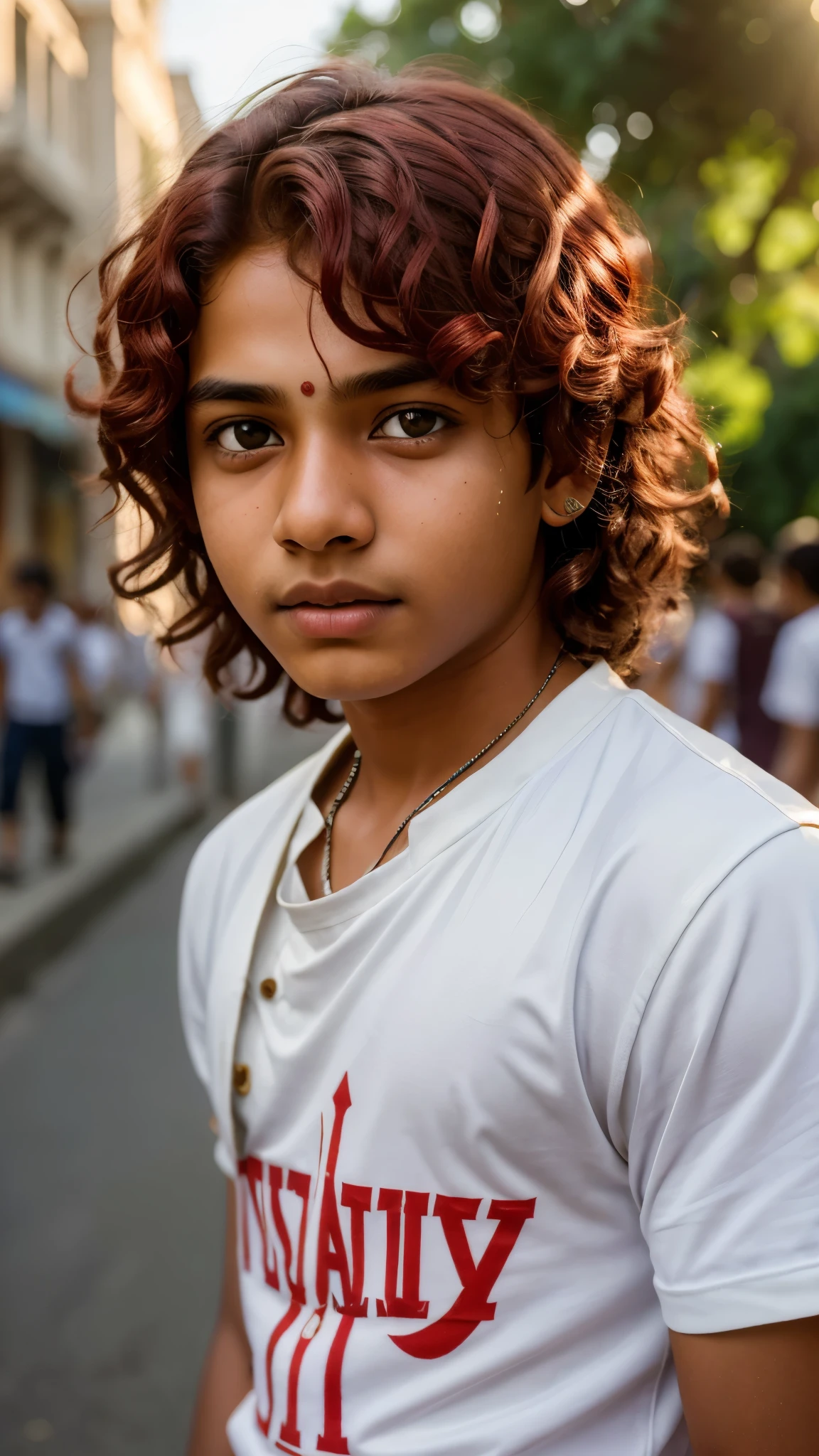 A photorealistic portrait of a 13-year-old Indian boy with white curly red hair, dressed in casual attire, close-up shot, 8k hdr, highly detailed, capturing a sense of curiosity and innocence, illuminated by warm afternoon sunlight in a bustling city setting.