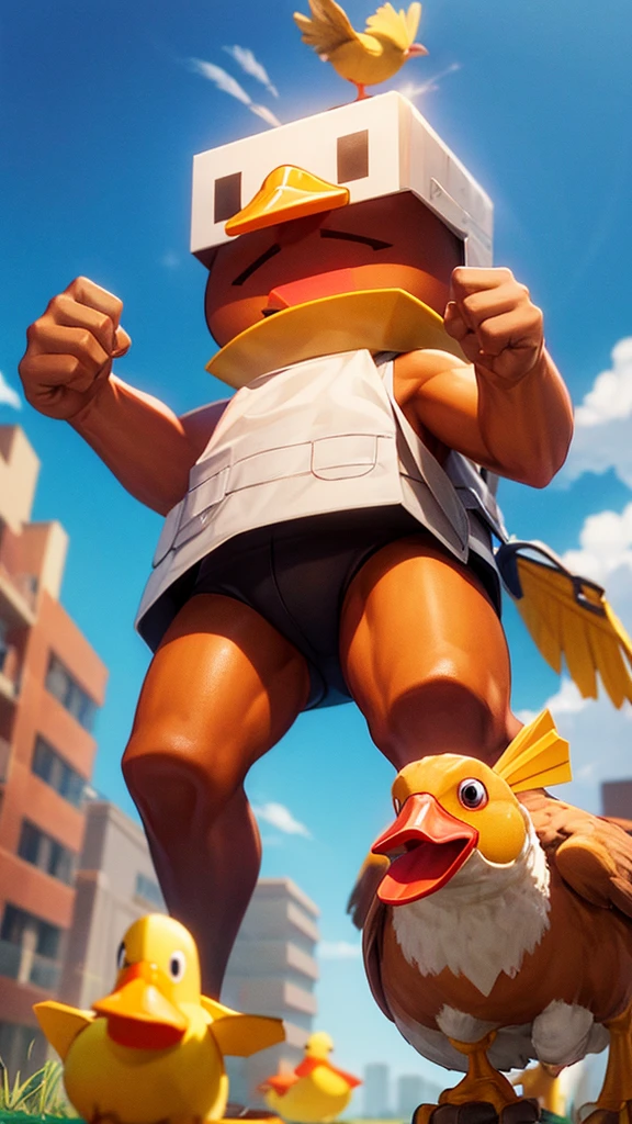 The character in Roblox is a turkey, brown body, big head, flesh colored head, yellow duck, no fingers or paws.