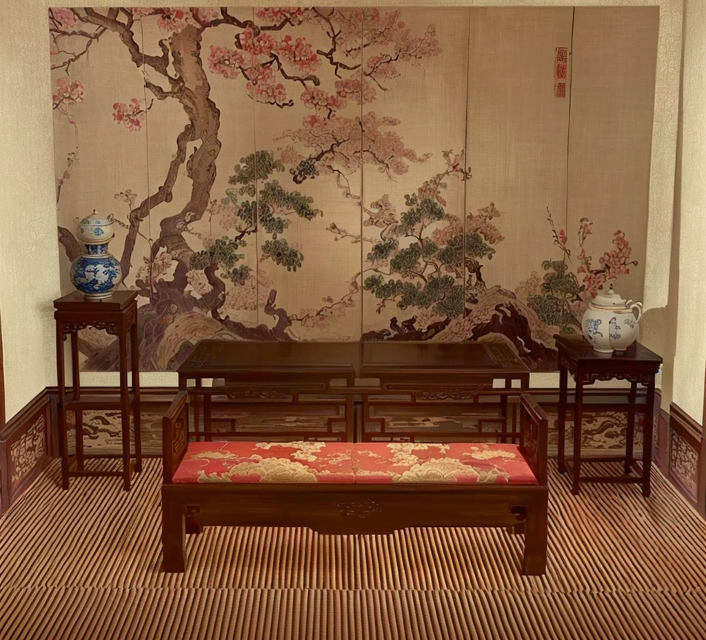 There is a room with a bench, table, There is a painting hanging on the wall, Oriental Wallpaper, Inspired by Yun Shouping, Inspired by Emperor Huizong of Song, Extremely detailed furniture, In line with Chinese aesthetics, Inspired by Xie Shichen, Inspired by Shen Si Zheng, Asian Interior Decoration, Inspired by Dong Yuan, Inspired by Minjin
