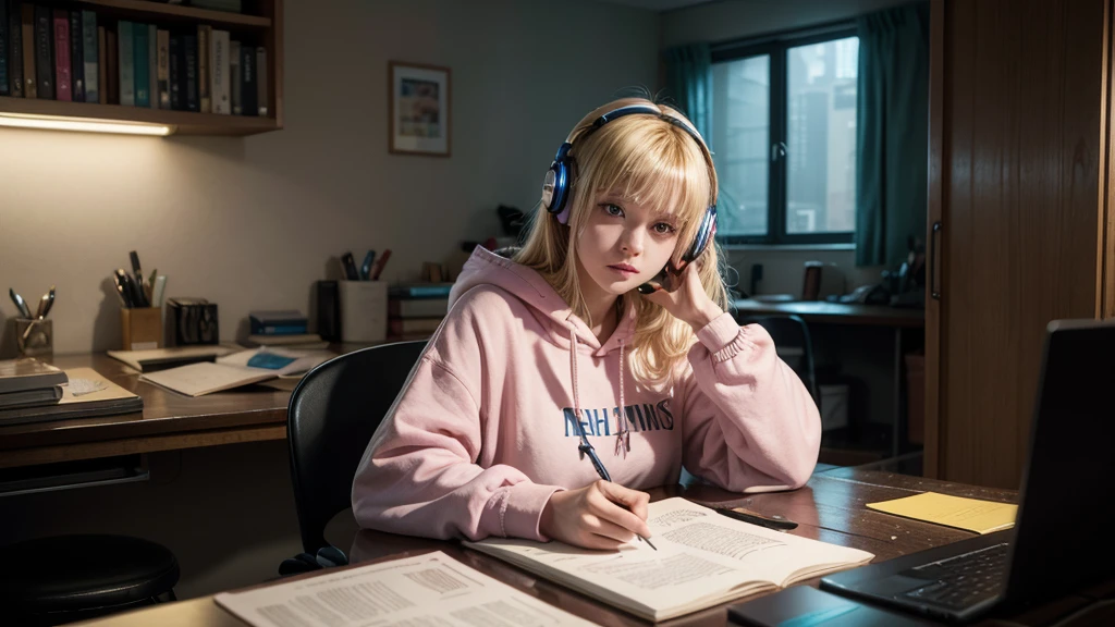 "Generate a high-definition image of a messy, lo-fi style bedroom lit by vibrant neon lights. In the center of the scene, a young cyberpunk blonde is sitting in a comfortable chair next to a modern desk. She wears headphones over her blonde hair loose and wearing a pink hoodie. The young woman is deeply focused on her studies, with a laptop open in front of her and books arranged in a chaotic manner around her. The environment is rich in details, showing artistic posters on the walls and shelves. filled with personal objects and more books. The soft lighting of the room creates a welcoming atmosphere, with neon lights while through the window, you can glimpse the night lights of the city, softened by the rain falling outside. the laptop keyboard, with elegantly curved fingers to avoid any deformation in the image, maintaining the naturalness and realism of the scene."