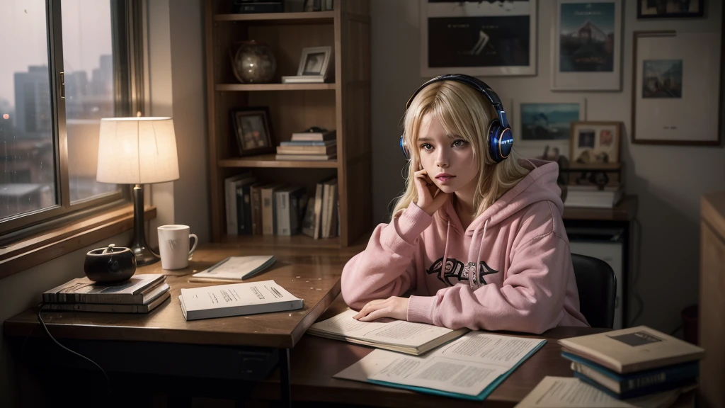 "Generate a high-definition image of a messy, lo-fi style bedroom lit by vibrant neon lights. In the center of the scene, a young cyberpunk blonde is sitting in a comfortable chair next to a modern desk. She wears headphones over her blonde hair loose and wearing a pink hoodie. The young woman is deeply focused on her studies, with a laptop open in front of her and books arranged in a chaotic manner around her. The environment is rich in details, showing artistic posters on the walls and shelves. filled with personal objects and more books. The soft lighting of the room creates a welcoming atmosphere, with neon lights while through the window, you can glimpse the night lights of the city, softened by the rain falling outside. the laptop keyboard, with elegantly curved fingers to avoid any deformation in the image, maintaining the naturalness and realism of the scene."