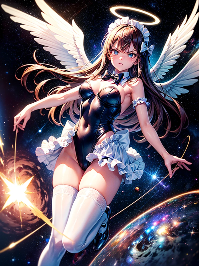 Highest quality,Highest Resolution,Beautiful girl with angry face in maid leotard,Frills,High leg,(((Floating in the air))),Halo,(((universe space))),Milky Way,meteor,Very beautiful eyes,(((White angel wings on the back))),whole body,long hair,(((Shoot a bow))),Knee-high stockings,Floating in the air,