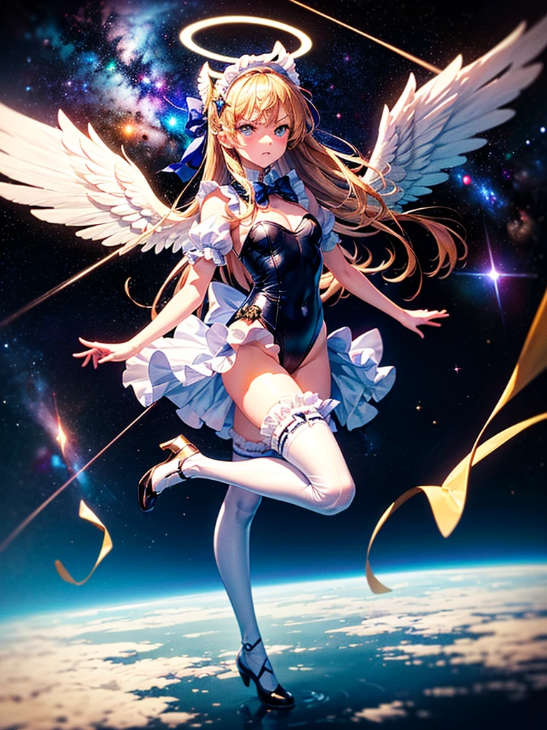 Highest quality,Highest Resolution,Beautiful girl with angry face in maid leotard,Frills,High leg,(((Floating in the air))),Halo,(((universe space))),Milky Way,meteor,Very beautiful eyes,(((White angel wings on the back))),whole body,long hair,(((Shoot a bow))),Knee-high stockings,Floating in the air,