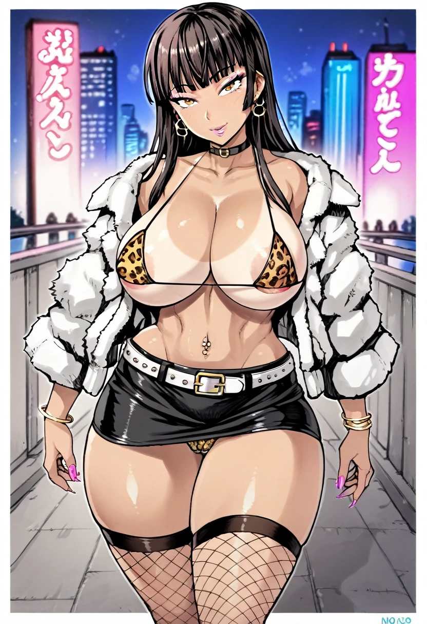 Score_9, score_8_up, score_7_up, score_6_up, score_5_up, score_4_up, source_anime, ganguro, gyaru, solo, 1girl, Yamanba, makeup, tan skin, whore, prostitute, Mature female, huge breasts, wide hips, thick thighs, BREAK nishizumi shiho, gyaru mama, black hair, blunt bangs, long hair, collar, choker, leopard print bikini top, very tight bikini top, skin tight, huge areolae, areola slip, navel, navel piercing, earrings, earrings, black microskirt, microskirt, belt, fishnet thighhighs, fur-trimmed jacket, walking, sideview, pink lips, brown eyes, long eyelashes, eyeshadow, looking at viewer, pov, outdoors, tokyo \(city\), night time, blurry background, city lights, neon lights, covered nipples, bracelet, seductive smile, long fingernails, nail polish, large tattoo on chest, collarbone, head tilt,