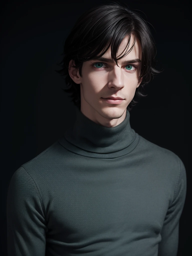 (best quality), 1boy, pale skin, black hair, medium hair, curtain hair, tousled hair, green eyes, perfect eyes, dark circles under eyes, tall, slender, handsome, strong jawline, lazy, light smile, attractive, turtleneck sweater, masterpiece, anatomically correct, highres
