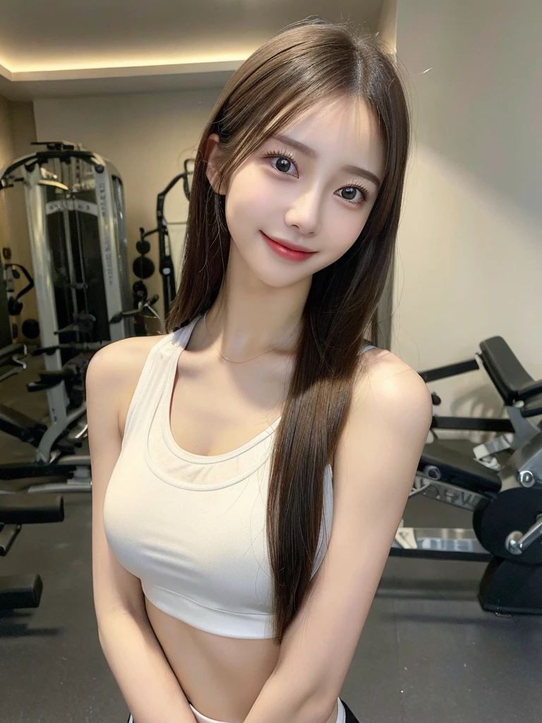 ((Best Quality, 8K, Masterpiece: 1.3)), 1girl, Slim Abs Beauty: 1.3, (long Hairstyle Casual, small Breasts: 1.2), training wear, Super Fine Face, Delicate Eyes, Double Eyelids, Smile, at gym