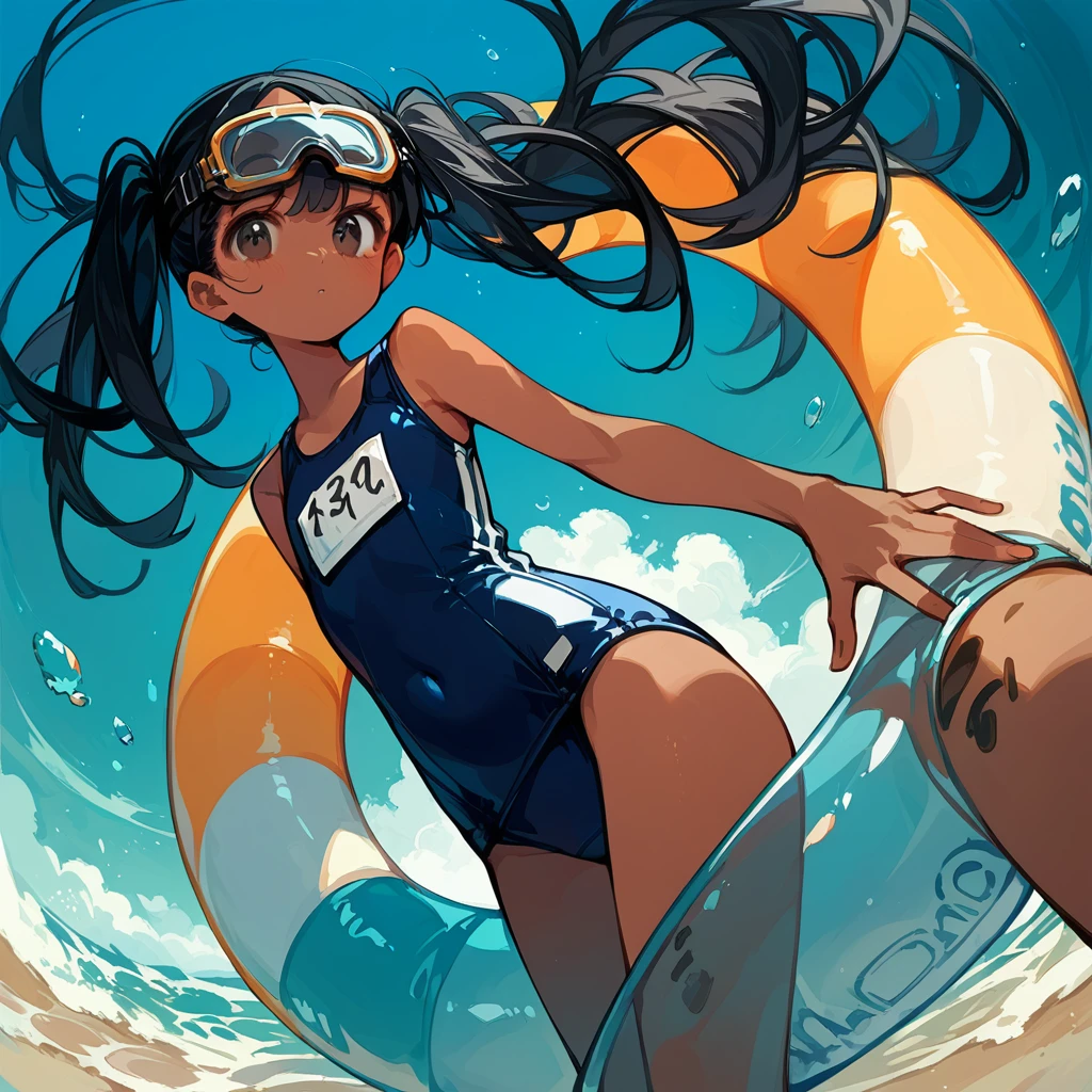 score_9_up, score_8_up, score_7_up, score_6_up, source_anime，2D, flat colors, Transparent swim tube black hair, pigtails, navy blue school swimsuit, brown skin, 、sandy beach 、black underwater goggles