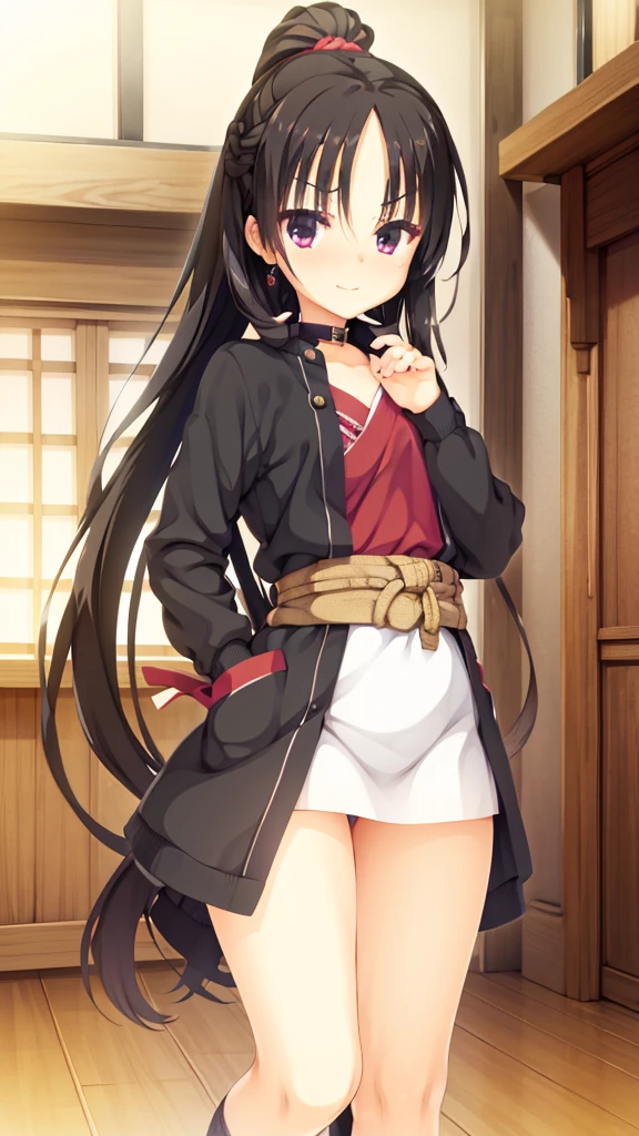 A beautiful girl, small face, a black white socks, seductive, ((forehead to show)), attractive, flat eyebrows, red coat, black hair, delicate, young, long hair, detailed face, high definition, full body, ninja, cute embarrassed smile, cafe, hands behind back, ponytail 