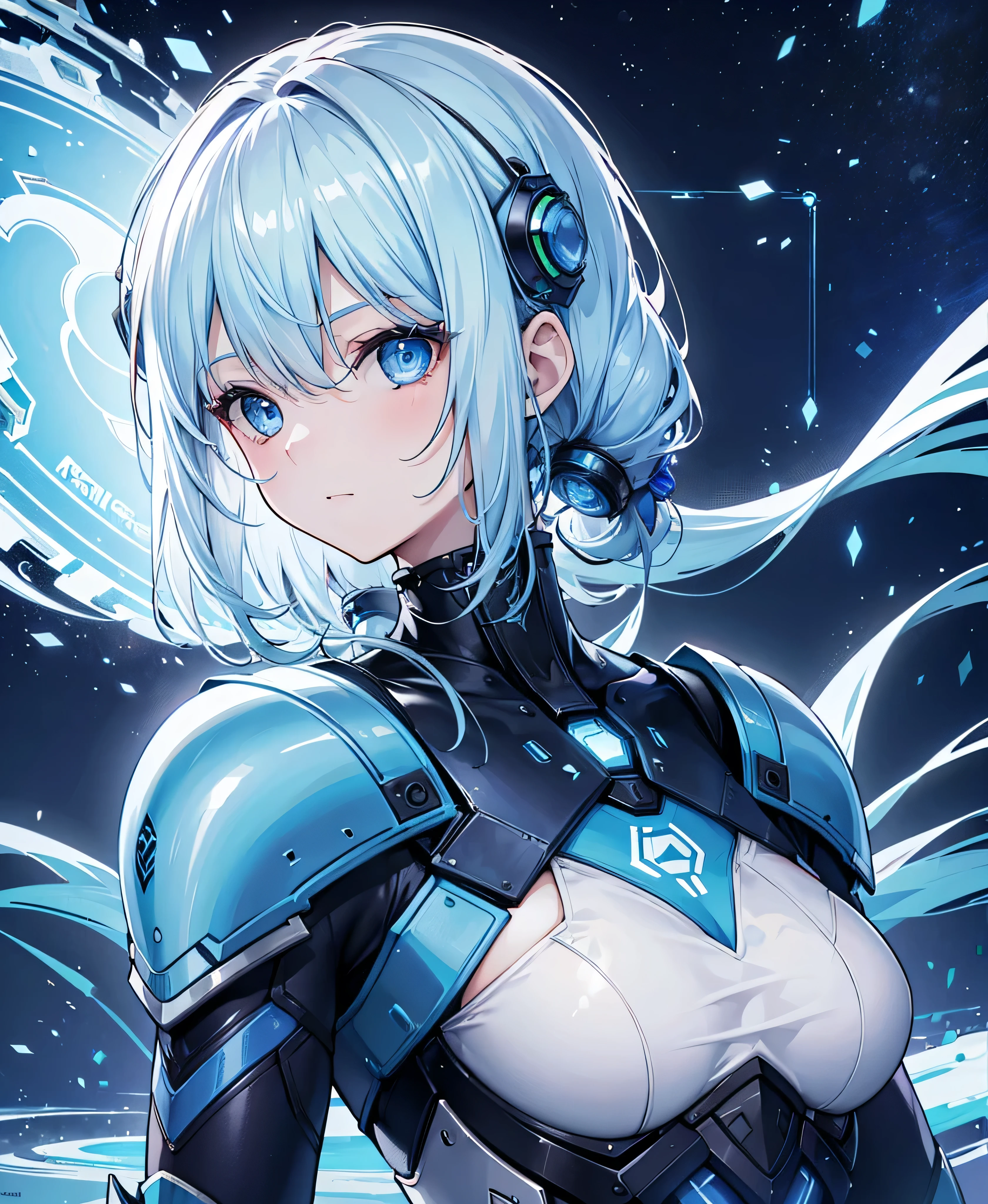 8K, Highest quality, (real:1.4), Original photo, 1 girl, Asari Hair, Biological Amplifier, refined armor, posture: Peace talks between warring factions, smart blue eyes,whole body