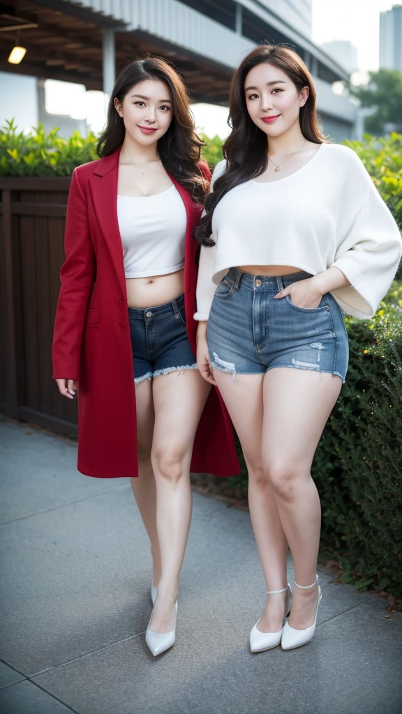 Two twin sisters，Height 1.85 meters， Two smiling fat women  ((best quality)), ((masterpiece)), (detailed), Oval face, Wearing a red woolen coat and denim shorts, Wearing a loose, Thin waist and thick hips,  Soft curves, hyperPractical full figure, Loose shirt, Long legs,,thickness, Two beautiful plump women, Beautiful curvy women,, Big goals，Clear curve details, Curvy hourglass figure, Charming plus size models, bbw酱, full image, Surface Model, Curvy body, （full-body shot）blush, 1girll fat , become a, , Golden Ratio,(Korean Idol),(White and tender skin:),High quality background, HD, Practical, HDR. pedestrian mall，Skin as white as paper，High heel，It was raining in the sky，grassland