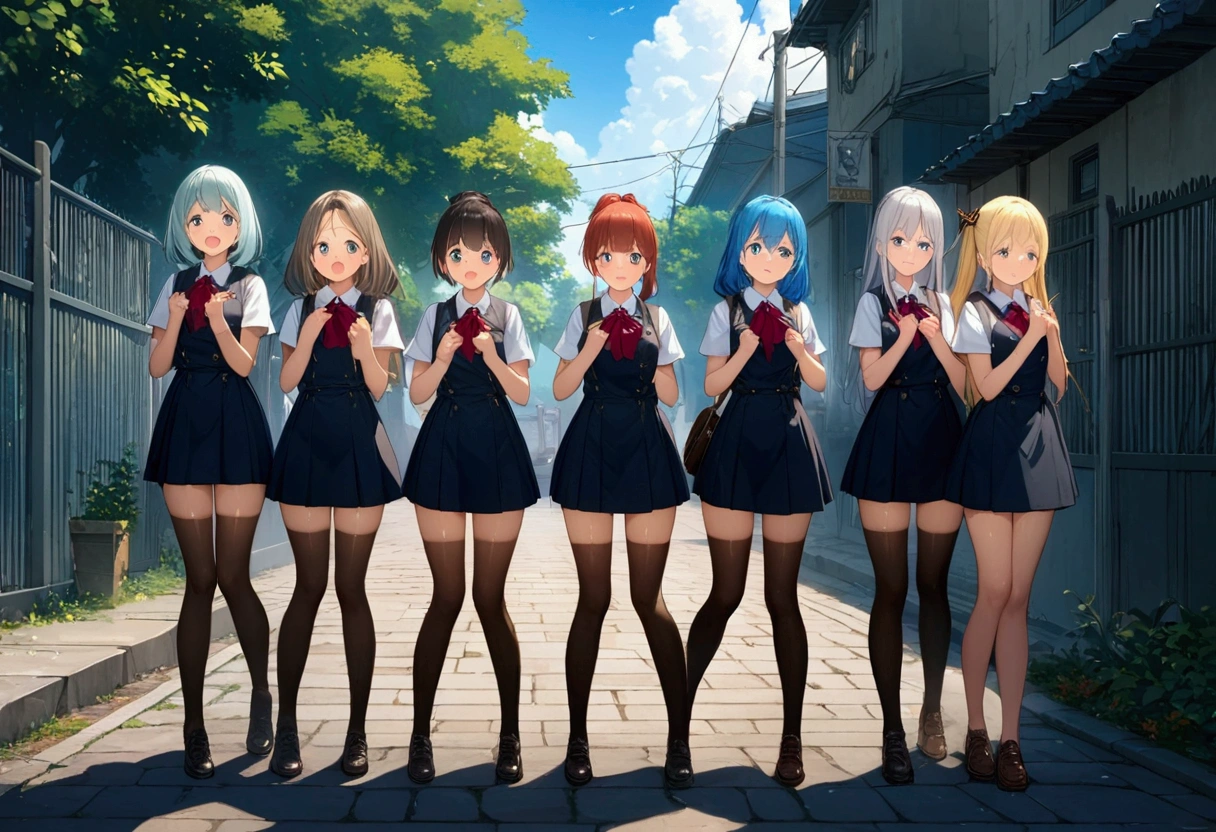 Anime. 4 girls. Young girls. Lovely girls. High school girls. Standing. Full height. Full body. School gate. Stomachs hurt. Hands on bellies. Knees together, feet apart. Girls can't stand straight. Diarrhea. Pooping in panties. They poop on the street. Embarrassment. Tears in my eyes. Beautiful character design. Shiny skin. nswf. Official art. Extremely detailed CG Unity 8k wallpaper. Ideal lighting. Ultra high resolution 4K. Super detailed 8K resolution. A high resolution.