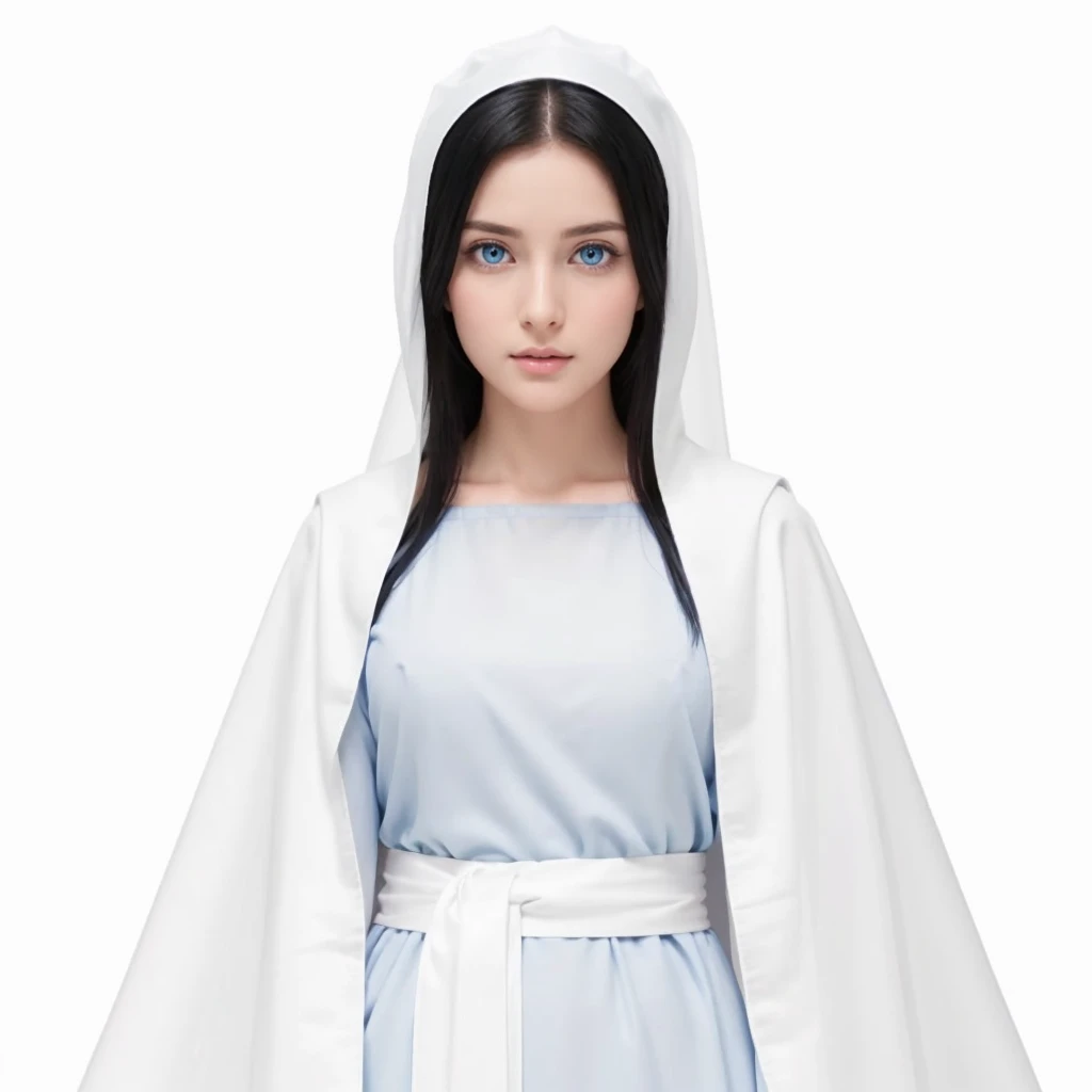 Holy Mary praying, clear blue eyes, Long black hair, wearing a blue tunic with wide, long sleeves adjusted at the waist by a white sash, and a white veil. Perfect full body