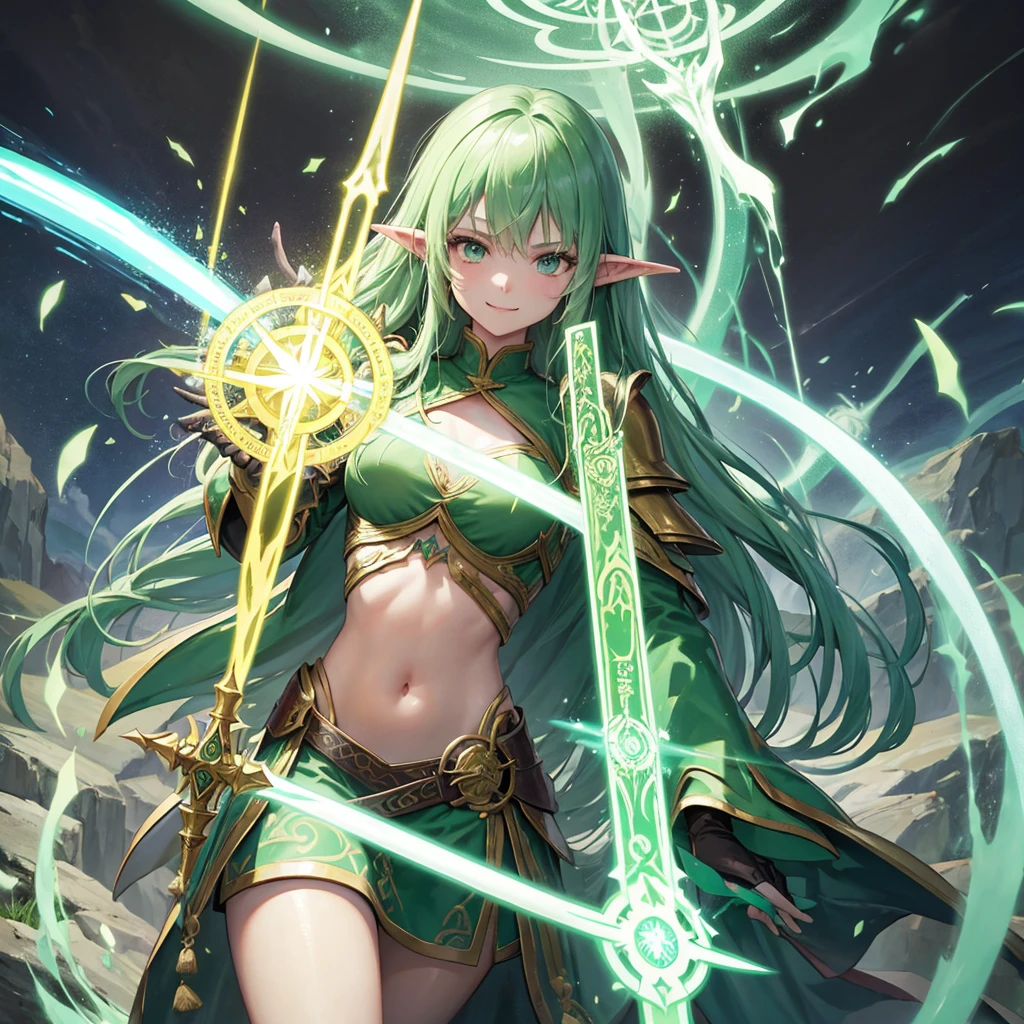 Elven Swordsman（Green semi-long、Crusader Armor）,Holding a magic sword、tropical（Tavern　Rainbow light swirling　magic circle）、smile、Hellgate、背景にmagic circle、Stormbringer