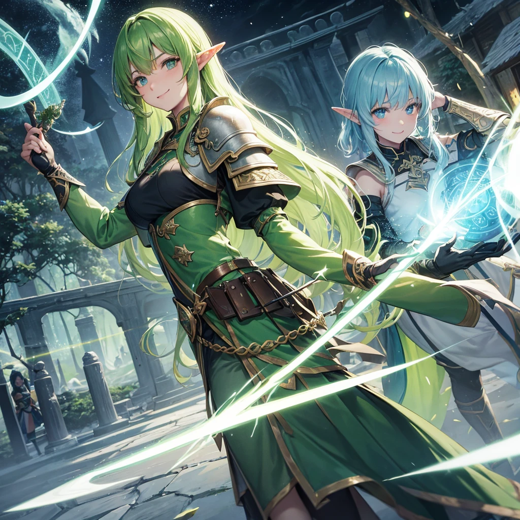 Elven Swordsman（Green semi-long、Crusader Armor）,Holding a magic sword、tropical（Tavern　Rainbow light swirling　magic circle）、smile、Hellgate、背景にmagic circle、Stormbringer