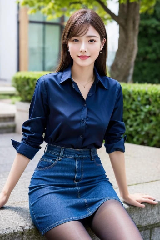 (8K, Highest quality, Ultra-high resolution、masterpiece、Raw photo)、Full body portrait, Ultra high resolution raw color photos, Professional photos、(Realistic, Real photo),(1 person)、(Delicate face、Detailed face and eyes、High definition eyes、double eyelid、Glossy lips)、Beautiful woman with perfect body、Full body image, Glowing Skin、Dark brown hair、Large Breasts、Sharp long legs、(Happy expression)、((Collared shirt))、(Denim midi skirt:1.2)、((silk pantyhose))、High heels、Sitting pose, High-definition skin texture、Night in the background、Wind、Starry Sky、moon、((Perfect body、Perfect Anatomy、Anatomically correct))